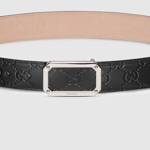 Gucci Black Embossed Leather Belt with Silver Buckle